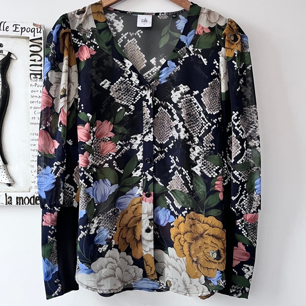 Cabi Snake Charmer Indie Floral Snakeskin Mixed Print Boho Blouse Size S